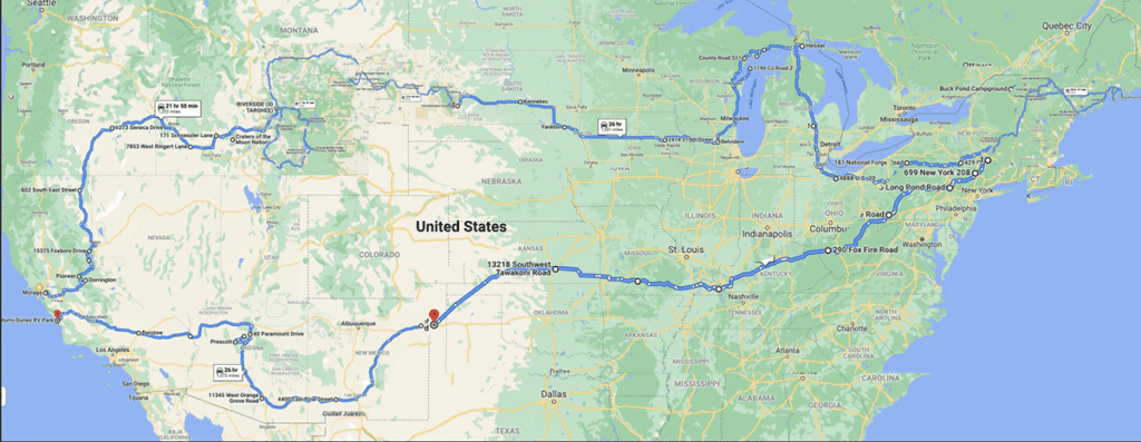 My route solo RVing across America 