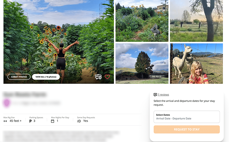 Harvest Host location page showing photos, description & request to stay form