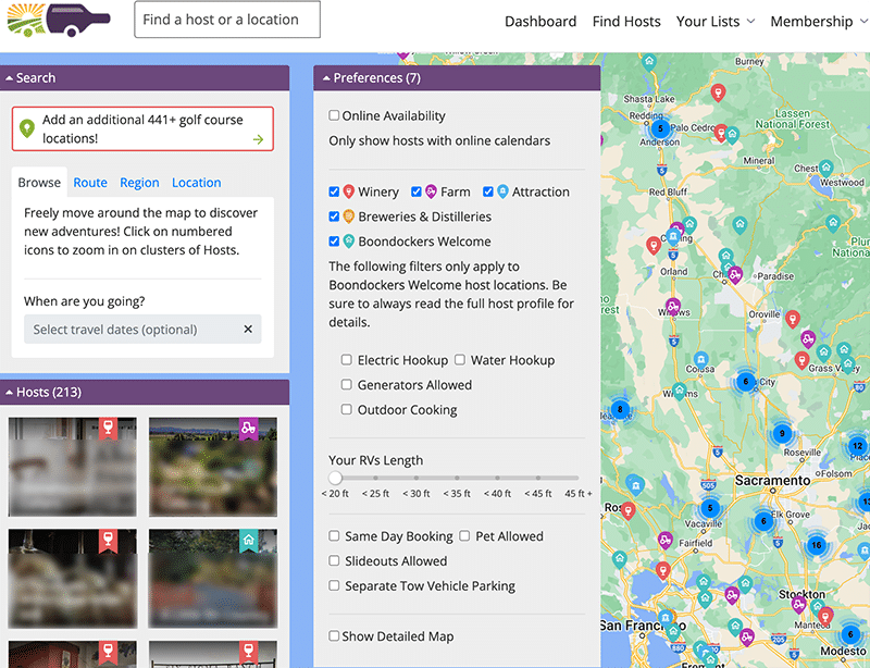 Harvest Host Members Dashboard, Locations Map & Filters