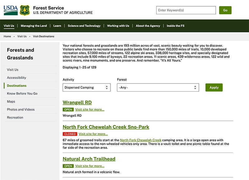 U.S. Forest Service search page for dispersed camping