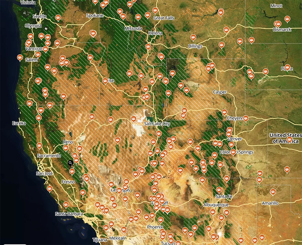 The Free Roam App showing free camping in the Western U.S.