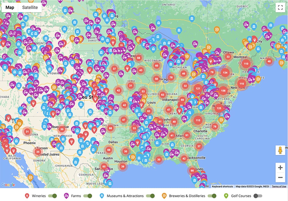 A large map showing many of the 4600+ Harvest Host Locations across the U.S and Canada